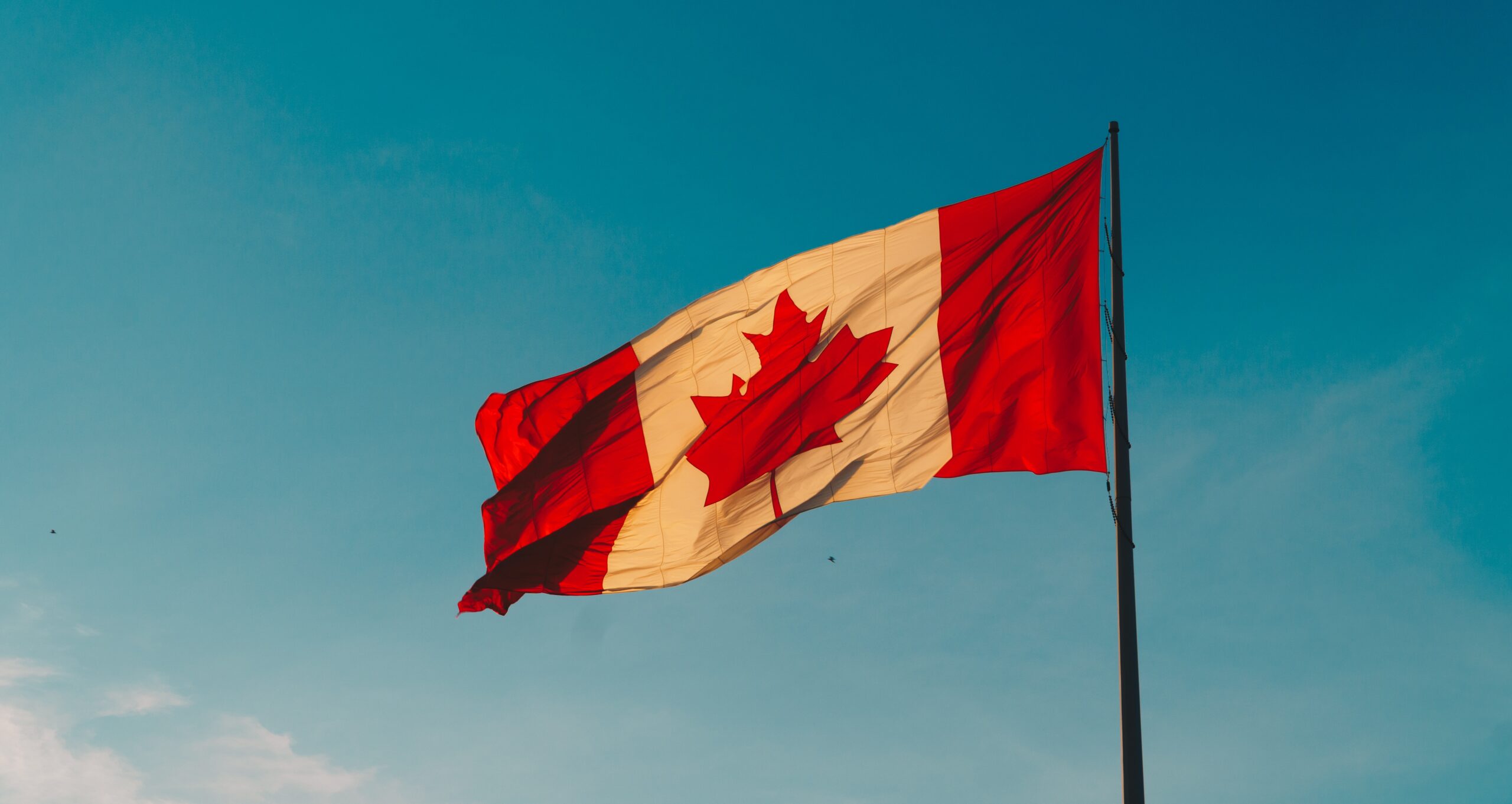 Canadian flag flying against a blue sky