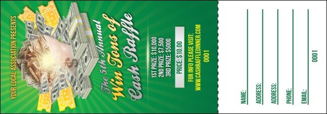 a green, white ad gold customizable 50-50 raffle ticket template