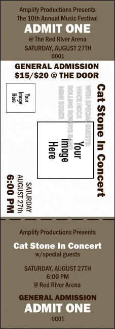 Example of a custom printed concert ticket template used for The Basement Door’s farewell show, featuring event details and placeholder images