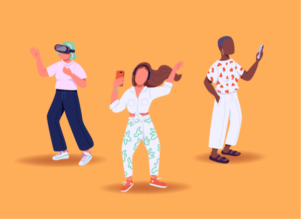 Illustration of Gen Z individuals using VR, headphones, and smartphones to connect and engage digitally.