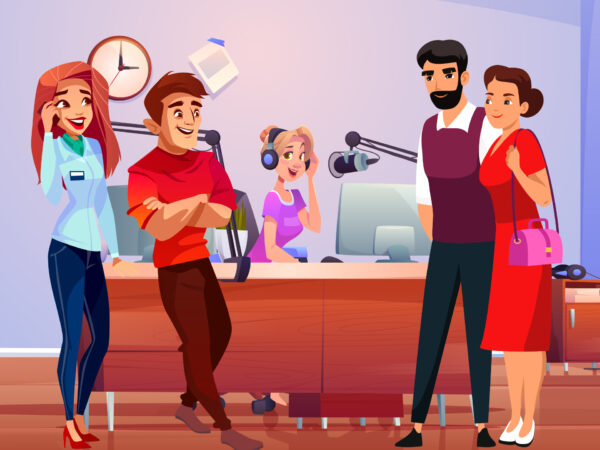 Group of charity team members and supporters chatting in a radio studio, symbolizing collaboration and supporter engagement
