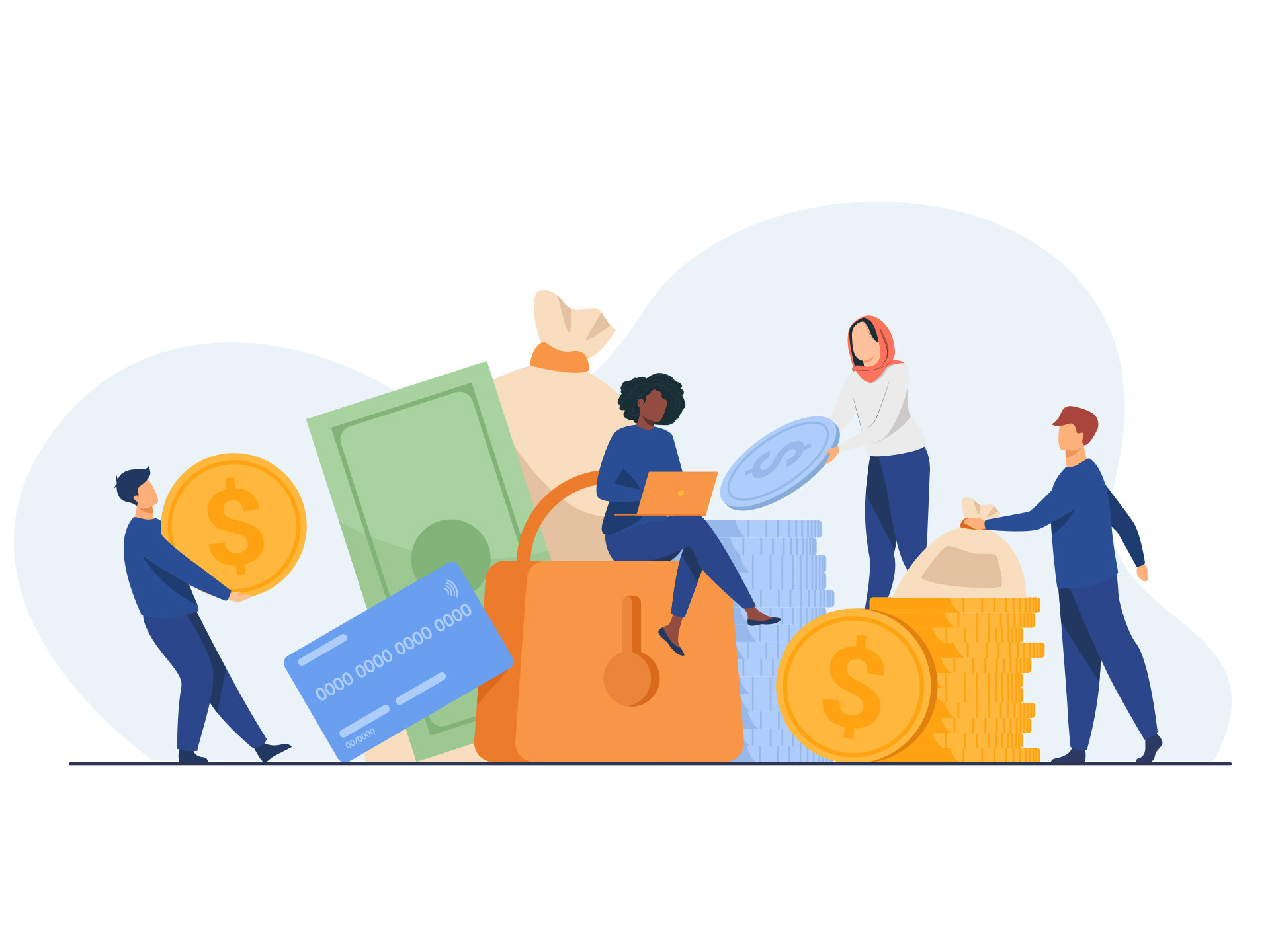 Illustration of people organising money, coins, and donations representing charity fundraising strategy and financial planning