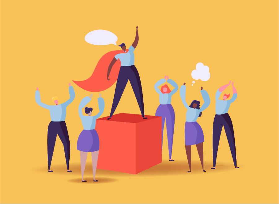 Illustration of a diverse group of volunteers cheering on a leader wearing a cape, symbolising empowerment and teamwork