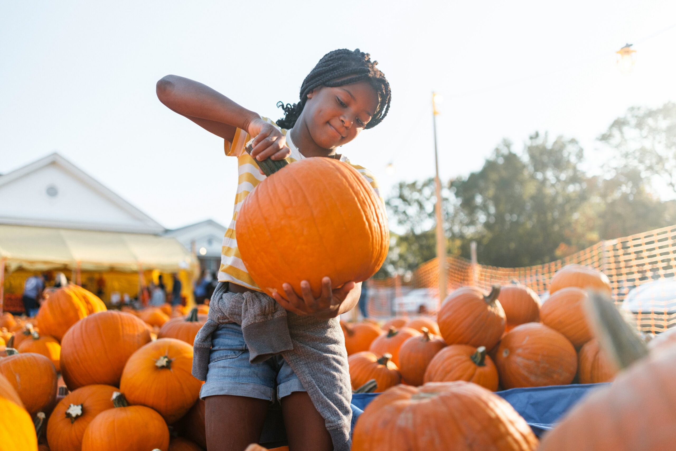 Young child choosing pumpkin at community fall festival, ideal for family-friendly fall fundraising events and activities