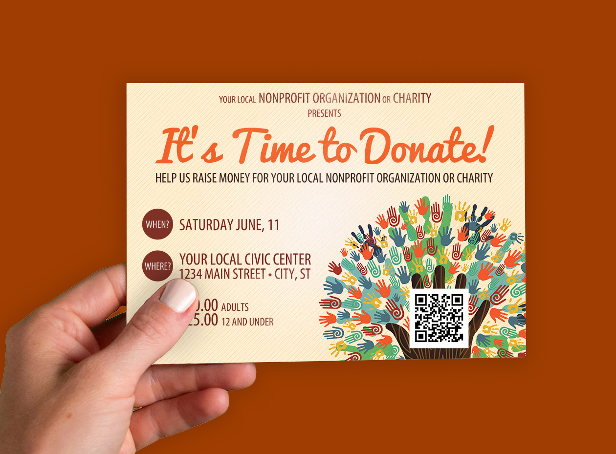 Hand holding charity fundraising postcard with colorful handprint tree design and QR code for donation event